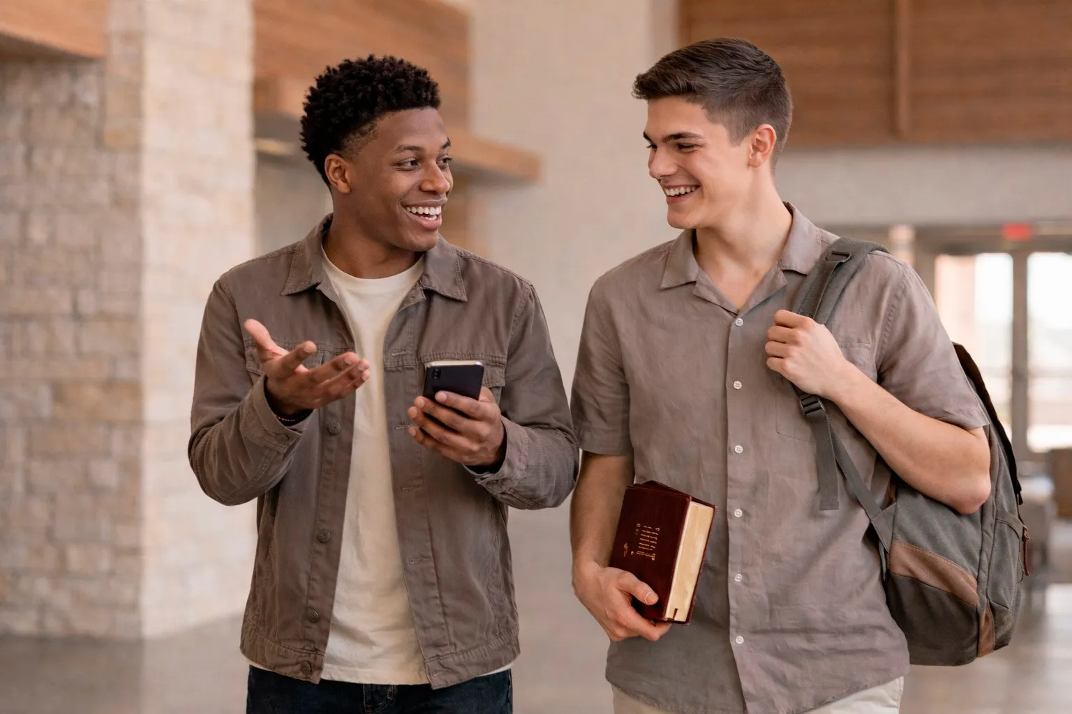 Dos jóvenes conversan sonriendo en el vestíbulo de la iglesia; uno sostiene un teléfono y el otro una Biblia.